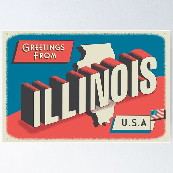 Item preview, Greetings from Illinois retro travel postcard design with state map and patriotic American Flag designed and sold by Jdawnink.