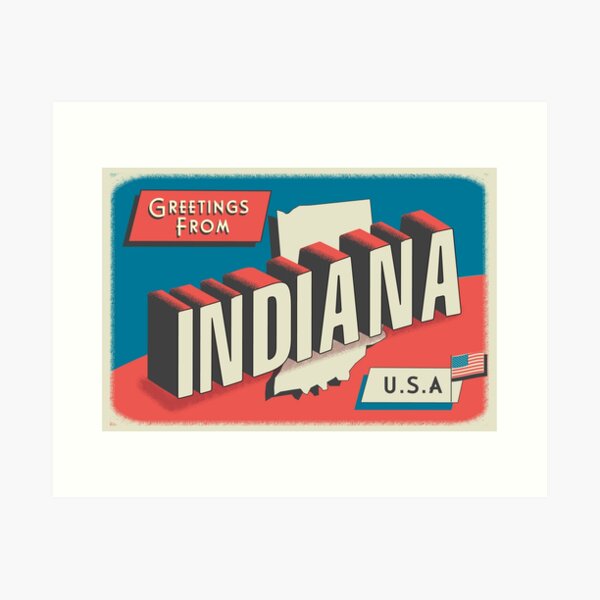 Item preview, Greetings from Indiana retro travel postcard design with state map and patriotic American Flag designed and sold by Jdawnink.