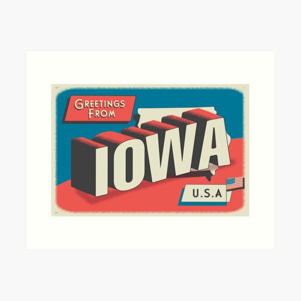 Item preview, Greetings from Iowa retro travel postcard design with state map and patriotic American Flag designed and sold by Jdawnink.