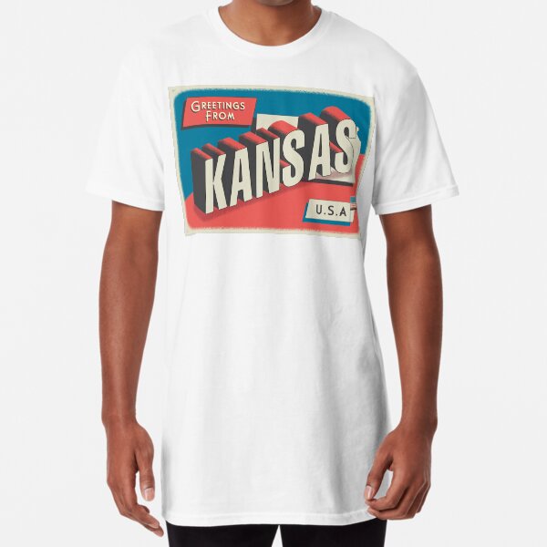 Item preview, Greetings from Kansas retro travel postcard design with state map and patriotic American Flag designed and sold by Jdawnink.