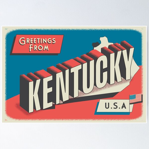 Item preview, Greetings from Kentucky retro travel postcard design with state map and patriotic American Flag designed and sold by Jdawnink.