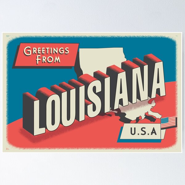 Item preview, Greetings from Louisiana retro travel postcard design with state map and patriotic American Flag designed and sold by Jdawnink.