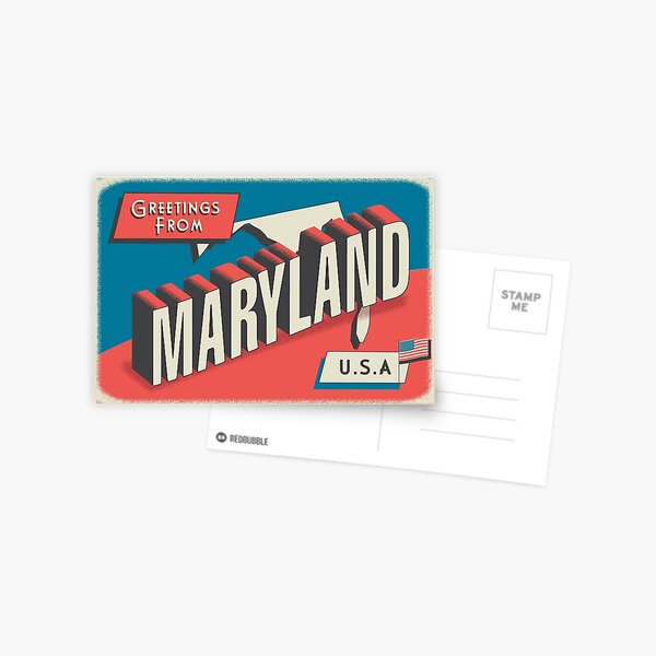 Item preview, Greetings from Maryland retro travel postcard design with state map and patriotic American Flag designed and sold by Jdawnink.