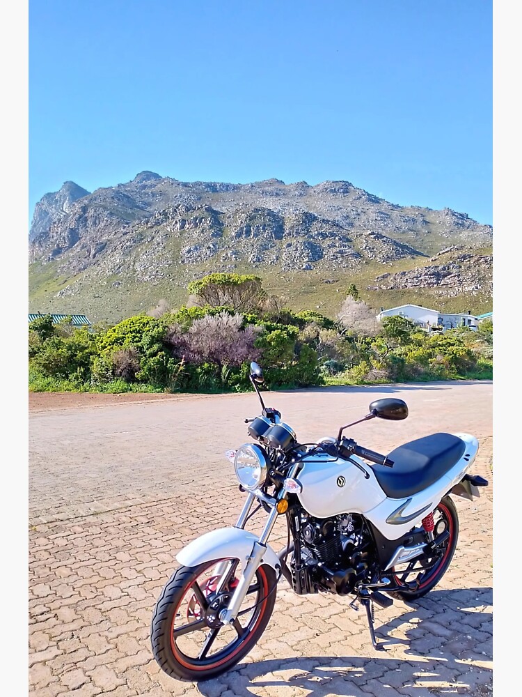 Thumbnail 3 of 3, Sticker, White Commuter Motorcycle With Mountain Backdrop designed and sold by Seasons-Waiting.