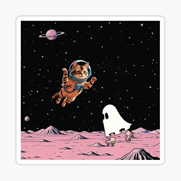 Item preview, Astronaut Cat Floating in Space with Roller-Skating Ghost – Retro Cosmic Adventure designed and sold by Srivicajansen.