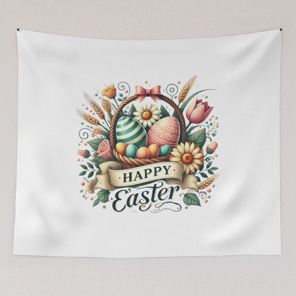 Item preview, Happy Easter – Vintage Basket with Eggs and Flowers designed and sold by Don't Crack Art.
