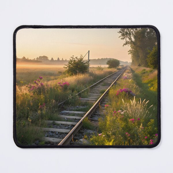 Item preview, Golden morning on abandoned railway tracks – landscape photography with fog and wildflowers designed and sold by TeeDesignMaster.