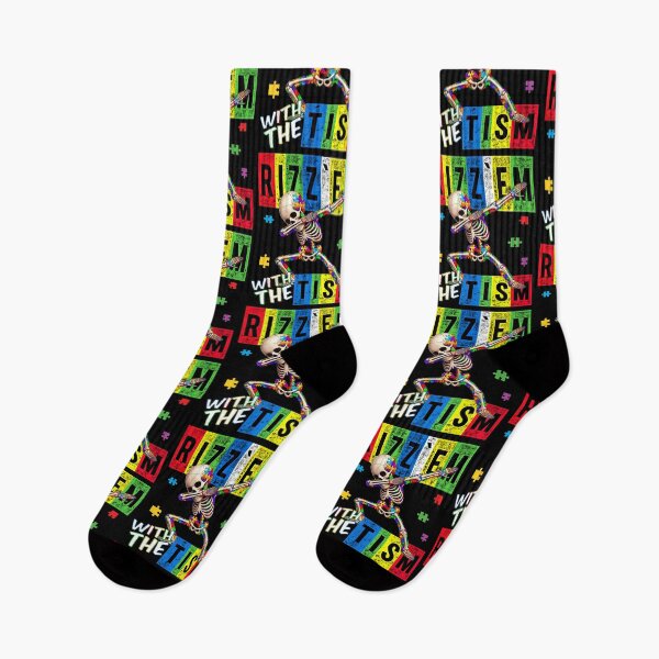 Item preview, Rizz' Em With The Tism -  Colorful Puzzle Dabbing Skeleton - Autistic Girl & Boy  designed and sold by Smix Pixels.