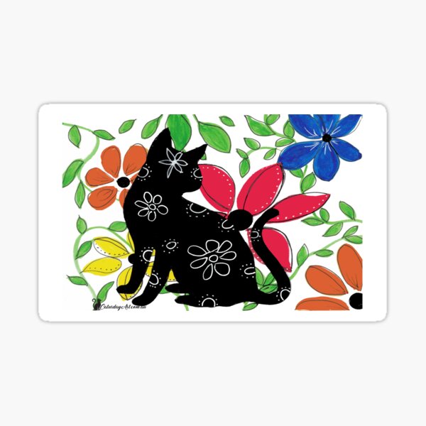 CaturdayArt Cat with colourful flowers Sticker