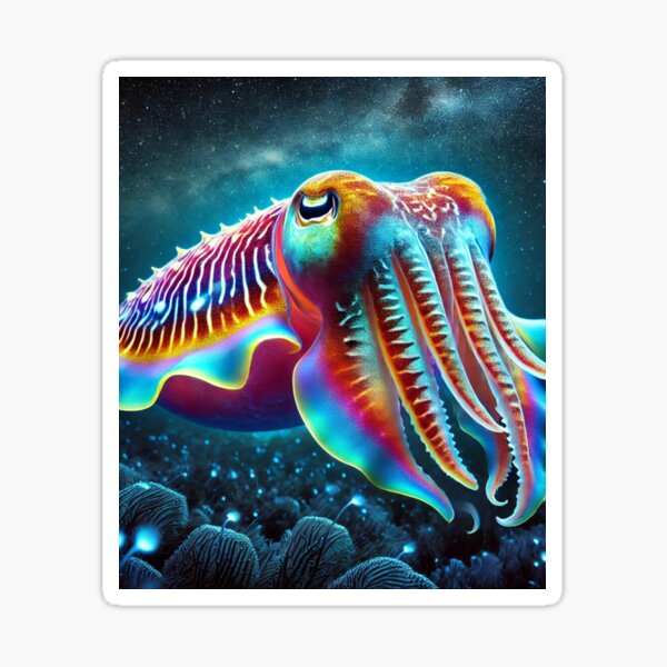 Item preview, Vibrant Bioluminescent Cuttlefish at Night – Stunning Ocean Art designed and sold by NocturnalNook.