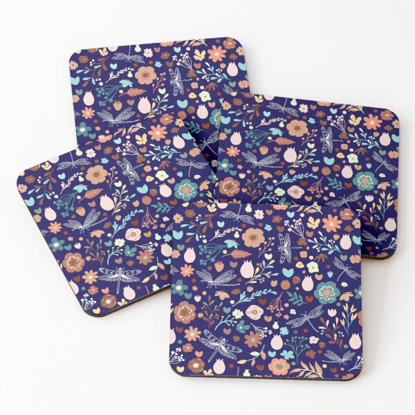 Item preview, Enchanted meadow with glass dragonflies & flowers - emerald on deep blue designed and sold by colorofmagic.