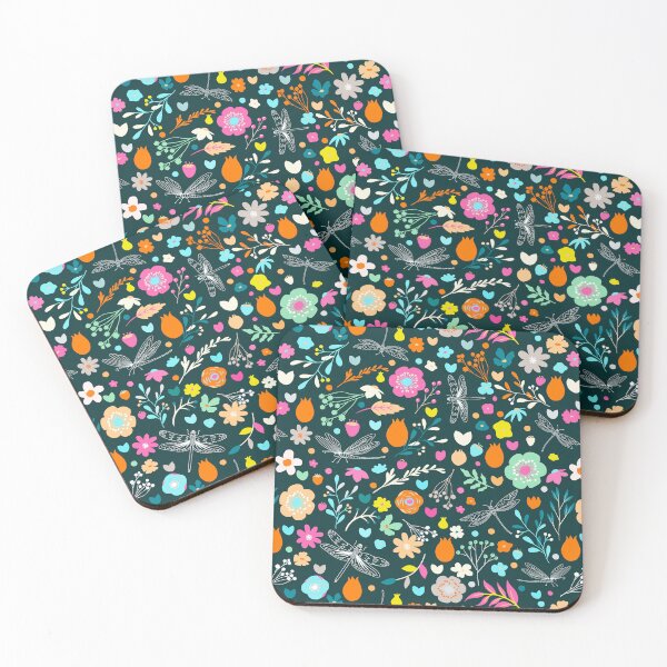 Item preview, Enchanted meadow with glass dragonflies & flowers - orange on deep blue designed and sold by colorofmagic.