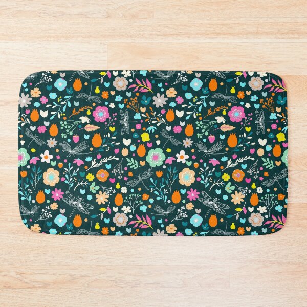 Item preview, Enchanted meadow with glass dragonflies & flowers - orange on deep blue designed and sold by colorofmagic.
