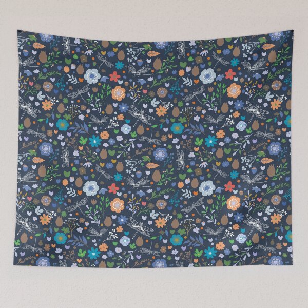 Item preview, Enchanted meadow with glass dragonflies & flowers - orange, green and blue designed and sold by colorofmagic.