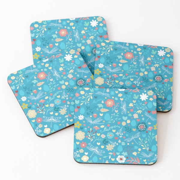 Item preview, Enchanted meadow with glass dragonflies & flowers - cyan blue designed and sold by colorofmagic.