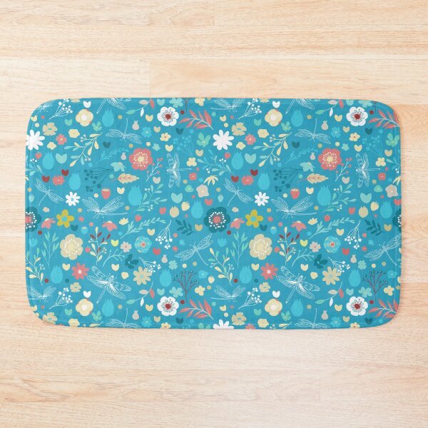 Item preview, Enchanted meadow with glass dragonflies & flowers - cyan blue designed and sold by colorofmagic.
