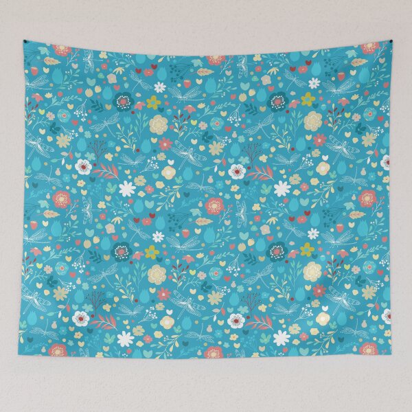 Item preview, Enchanted meadow with glass dragonflies & flowers - cyan blue designed and sold by colorofmagic.
