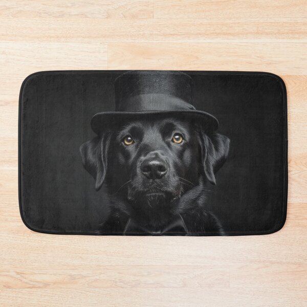 Item preview, Black labrador dog portrait in top hat and The bow tie, serious look, angry. paint isolated black painted background designed and sold by Julia Shepeleva.