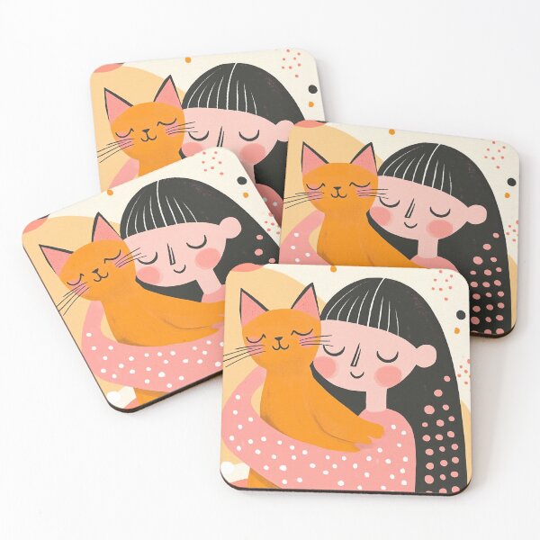 Item preview, Whimsical Mid-Century Girl with Orange Cat in Pastel Pink designed and sold by MysticMarble.