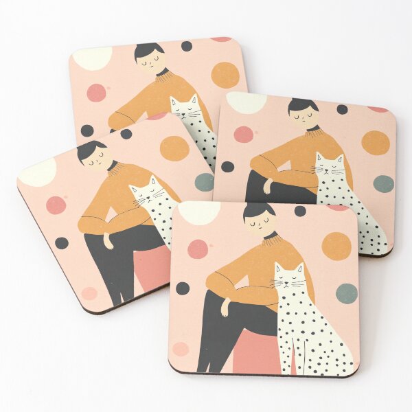 Item preview, Whimsical Mid-Century Girl with White Black Cat in Pink designed and sold by MysticMarble.