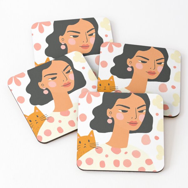 Item preview, Whimsical Mid-Century Girl with Orange Cat and Pastel Flower designed and sold by MysticMarble.