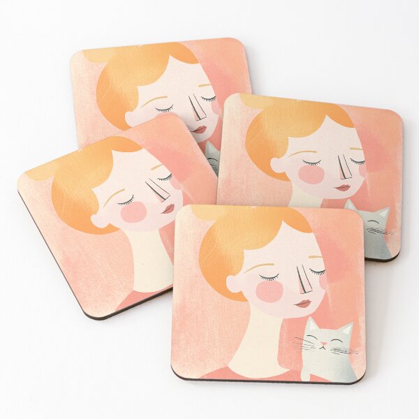 Item preview, Whimsical Mid-Century Blonde Girl with Gray Cat in Pastels designed and sold by MysticMarble.