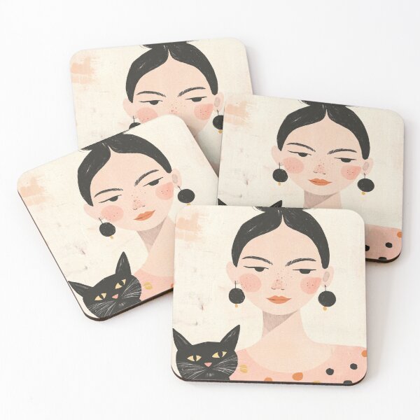 Item preview, Whimsical Mid-Century Black-Haired Girl with Black Cat designed and sold by MysticMarble.