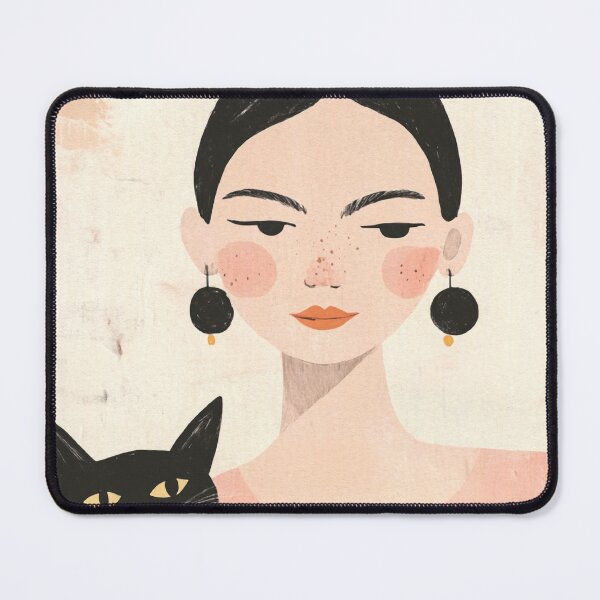 Item preview, Whimsical Mid-Century Black-Haired Girl with Black Cat designed and sold by MysticMarble.
