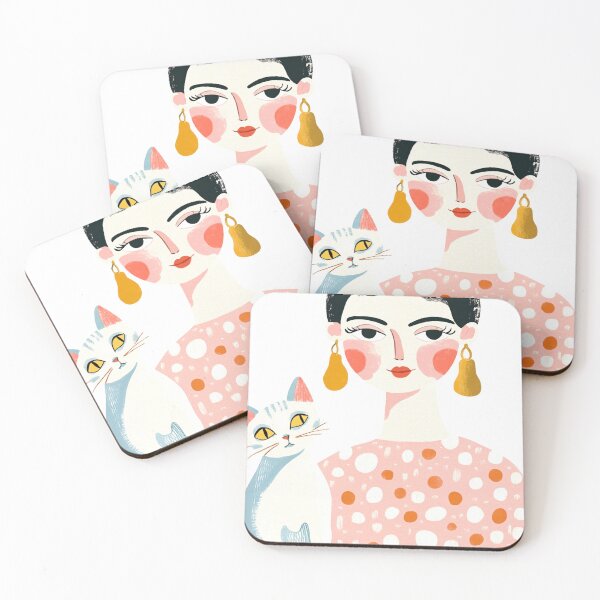 Item preview, Whimsical Mid-Century Black-Haired Girl with White Cat designed and sold by MysticMarble.