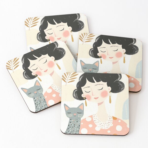 Item preview, Whimsical Mid-Century Black-Haired Girl with Dotted Gray Cat designed and sold by MysticMarble.