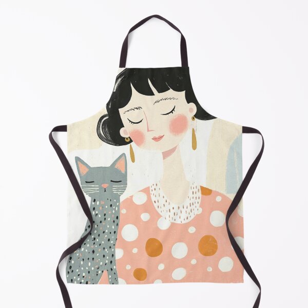 Item preview, Whimsical Mid-Century Black-Haired Girl with Dotted Gray Cat designed and sold by MysticMarble.