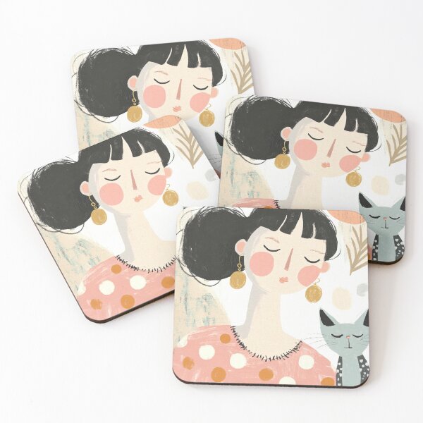 Item preview, Whimsical Mid-Century Girl with Dotted Gray Cat & Florals designed and sold by MysticMarble.