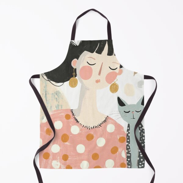 Item preview, Whimsical Mid-Century Girl with Dotted Gray Cat & Florals designed and sold by MysticMarble.