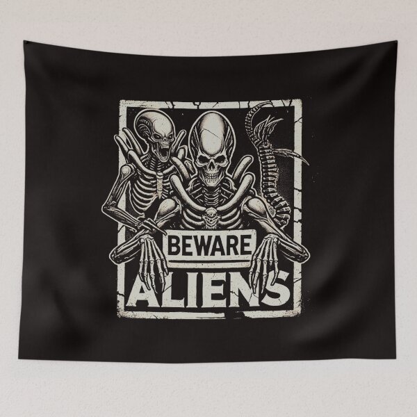 Item preview, Beware Aliens - Dark Sci-Fi Horror Skeleton Art designed and sold by GlowUpDesign.