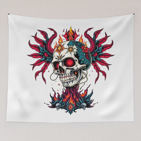 Item preview, Demonic Flaming Evil Heavy Metal Skull Graphic design illustration designed and sold by Vintage Designs +.
