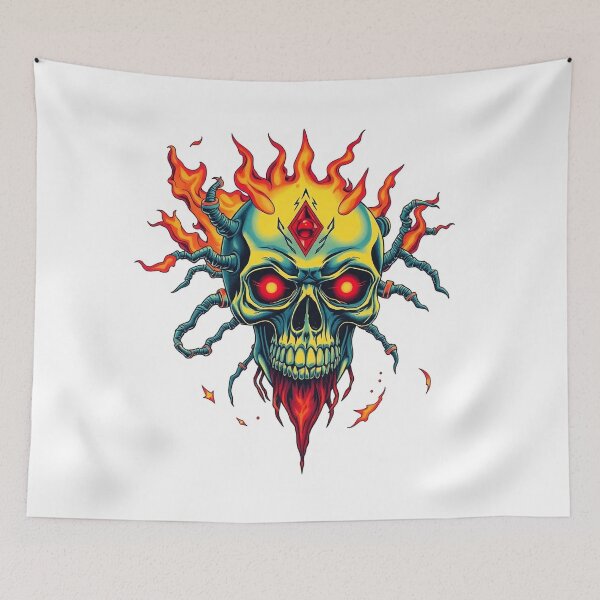 Item preview,  Demonic Flaming Evil Heavy Metal Skull Graphic design illustration designed and sold by Vintage Designs +.