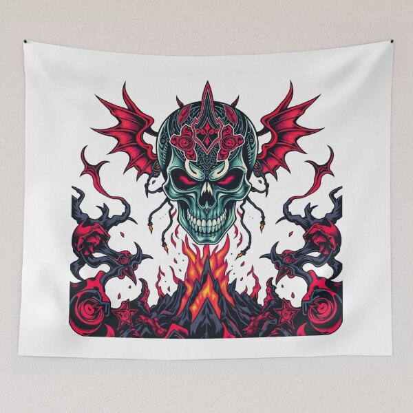 Item preview,  Demonic Flaming Evil Heavy Metal Skull Graphic design illustration designed and sold by Vintage Designs +.