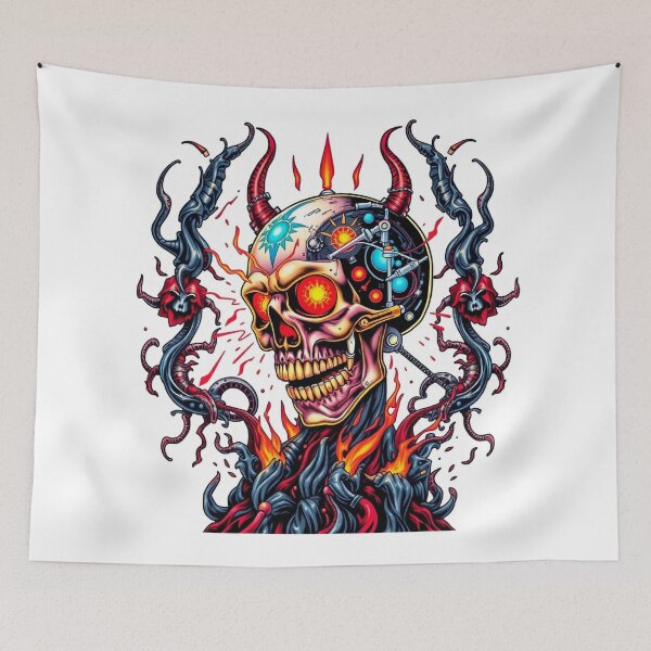 Item preview,  Demonic Flaming Evil Heavy Metal Skull Graphic design illustration designed and sold by Vintage Designs +.