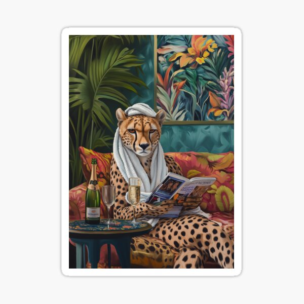 Vista previa del artículo con la obra «Día de spa, guepardo relajándose con champán - Arte animal ecléctico, leopardo», diseñado y vendido por XYZnewDesigns.