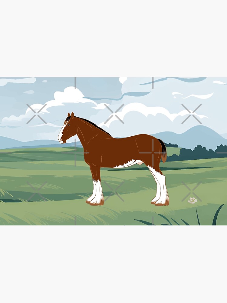 Aperçu 4 sur 4. Pochette avec l'œuvre Cheval Clydesdale, cheval bai sur un fond de paysage, cheval de trait, races de chevaux du Royaume Uni créée et vendue par WebEquitation.
