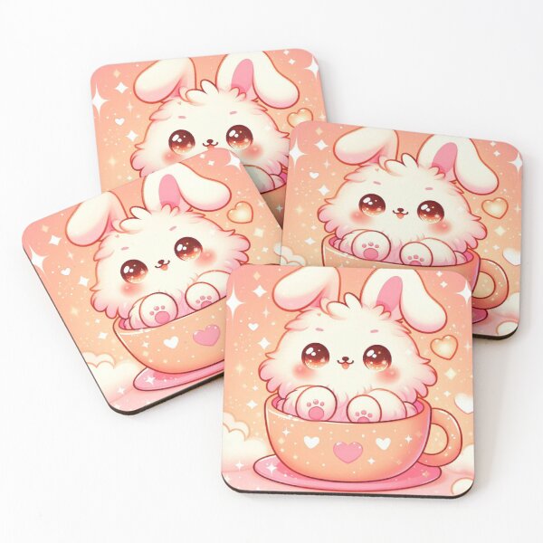 Item preview, fluffy kawaii white rabbit sitting in a pastel peach teacup designed and sold by Nimkaew.