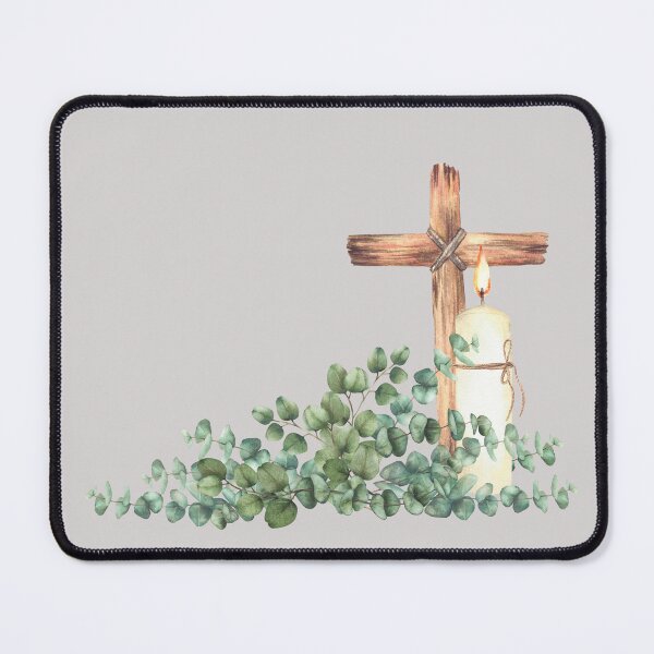 Item preview, Burning church candle with wooden cross and green eucalyptus branch. Watercolor painting designed and sold by BartolArt.