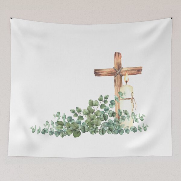 Item preview, Burning church candle with wooden cross and green eucalyptus branch. Watercolor painting designed and sold by BartolArt.