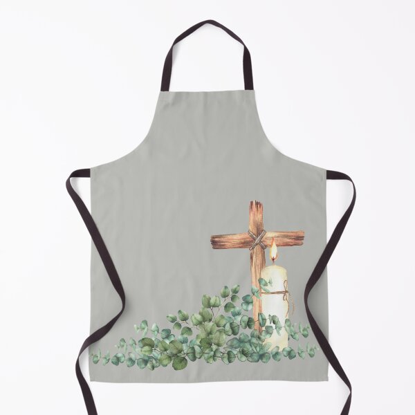 Item preview, Burning church candle with wooden cross and green eucalyptus branch. Watercolor painting designed and sold by BartolArt.
