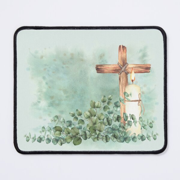 Item preview, Burning candle with religion cross and eucalyptus branch on watercolor splashes green background. Hand painted designed and sold by BartolArt.