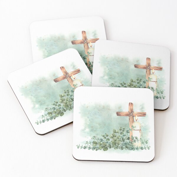 Item preview, Burning candle with religion cross and eucalyptus branch on watercolor splashes green background. Hand painted designed and sold by BartolArt.