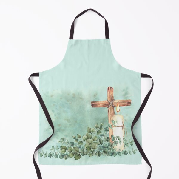 Item preview, Burning candle with religion cross and eucalyptus branch on watercolor splashes green background. Hand painted designed and sold by BartolArt.