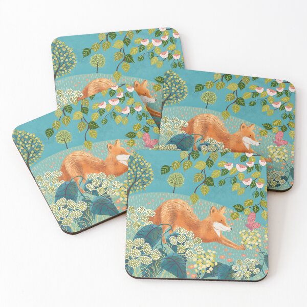 Item preview, Fox and Butterfly at Forest Edge in Turquoise and Green designed and sold by Cup of Cosy Art.