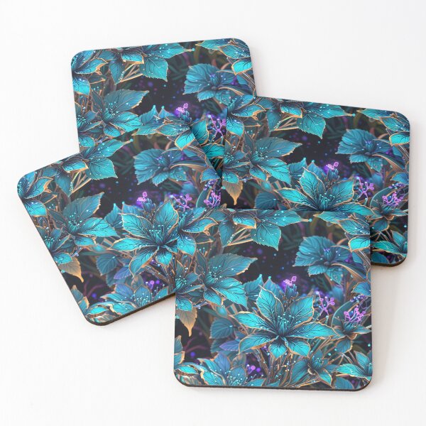 Item preview, Fluorescent Indigo & Teal Floral Fantasy – Vibrant Botanical Gold Artwork designed and sold by Juliette Ozkalfayan.