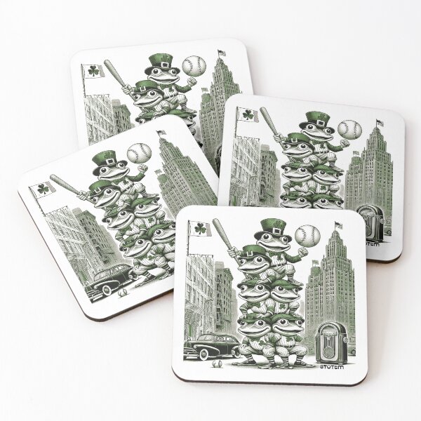 Item preview, St. Patrick’s Day Frogs dressed in shamrock-decorated vintage baseball uniforms designed and sold by 8Totem.